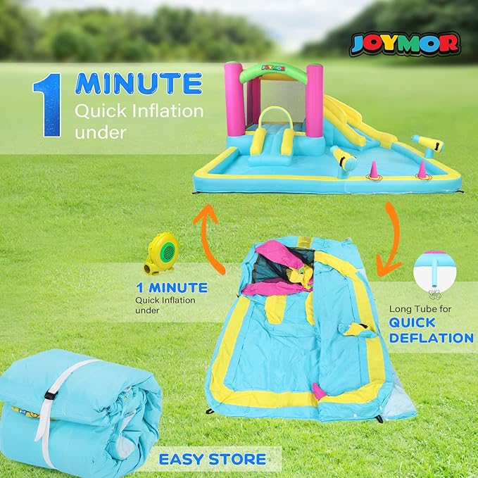 JOYMOR Inflatable Bounce House with Double Water Slide for Kids Toddler Age 3-10, Splash Pool Water Cannons, Ring-Toss Games for Outdoor Backyard Fun Water Toys, Indoor Bouncy Castle with Air Blower