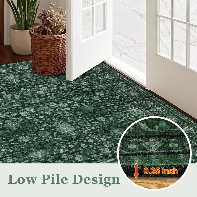Round Area Rug for Living Room: 6ft Washable Vintage Boho Soft Thin Circle Rug Indoor Floor No Slip Stain Resistant Carpet for Bedroom Dining Room Farmhouse Nursery Home Office - Deep Green