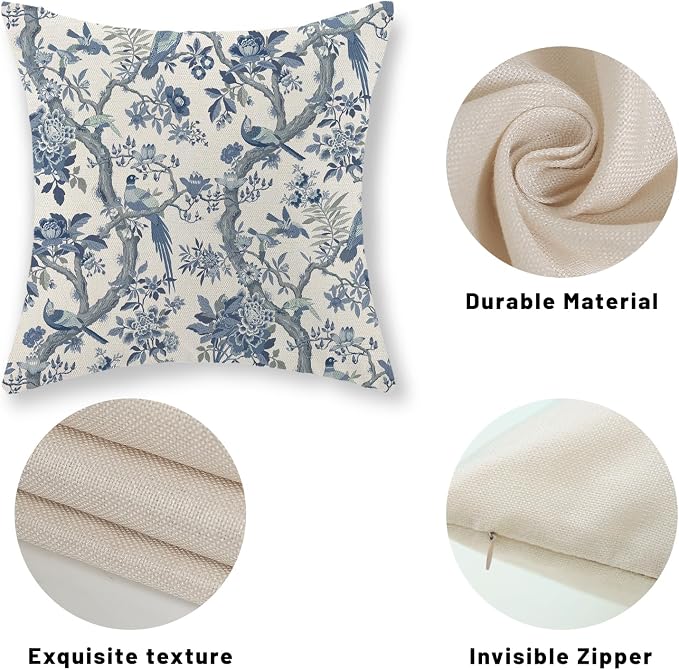 Chinoiserie Pillow Covers 16x16 Set of 2 Blue and White Bird Floral Throw Pillows Vintage Blue Flowers Decorations Outdoor Pillowcase Chinoiserie Decor Farmhouse Cushion Case for Couch Home