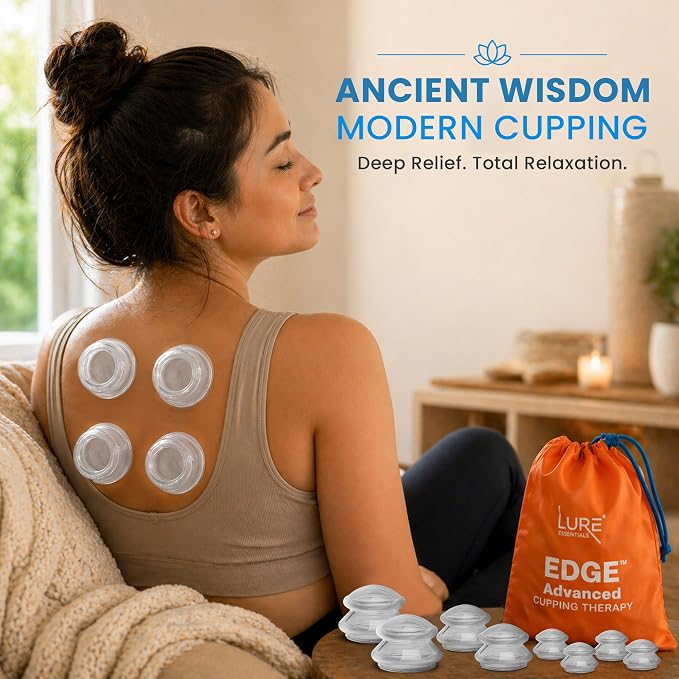 Lure Essentials Edge Silicone Cupping Set, Cupping Kit for Massage Therapy, Long Lasting Cups for Professional & Home Use, Body Sculpt Cup for Cellulite, Ultra Transparent Clear (8 Count)
