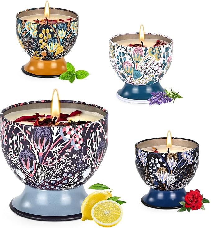 Scented Candles Gift Set of 4,Aromatherapy Candle, Aromatherapy Non Toxic Candle,Natural Soy Wax Portable Travel Tin Candle, Birthday Gifts, Gifts for Ladies/Gentleme