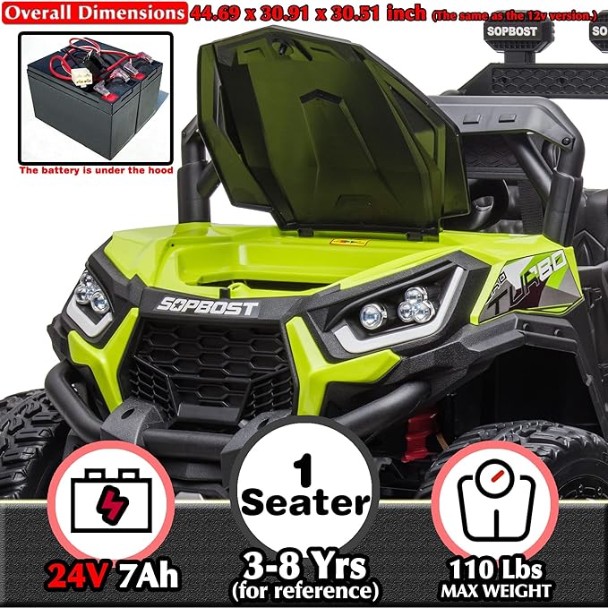 sopbost 24V Ride On Car with Remote Control 4x4 Battery Powered 4 Wheels Ride On Toy for Kids Electric Vehicle with EVA Tire, Bluetooth, Green