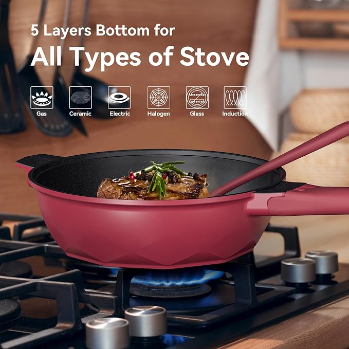 TIBORANG 11 Inch Nonstick Frying Pan with Lid,8-in-1 Multipurpose Cookware | 5 Qt Deep Sauté Pan Skillet with Steamer, PFOA-Free, Dishwasher & Oven Safe, Induction Compatible, Stay-Cool Handle,Ruby Red