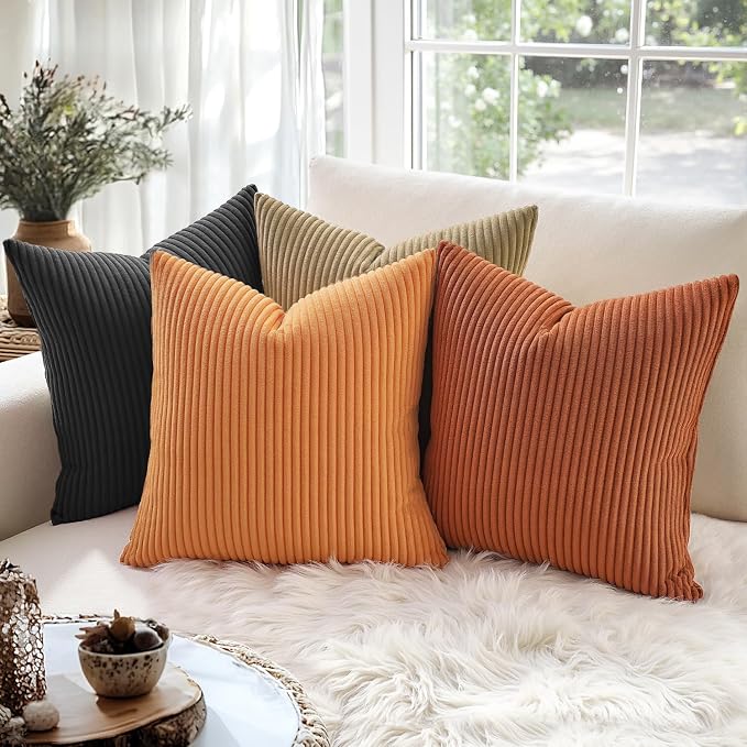 MIULEE Fall Soft Corduroy Throw Pillow Covers Set of 2 18x18 Burnt Orange | Decorative Striped Textured Cushion Cases, Boho Rustic Square Pillowcases, Home Decor for Couch Chair Sofa Bed Living Room