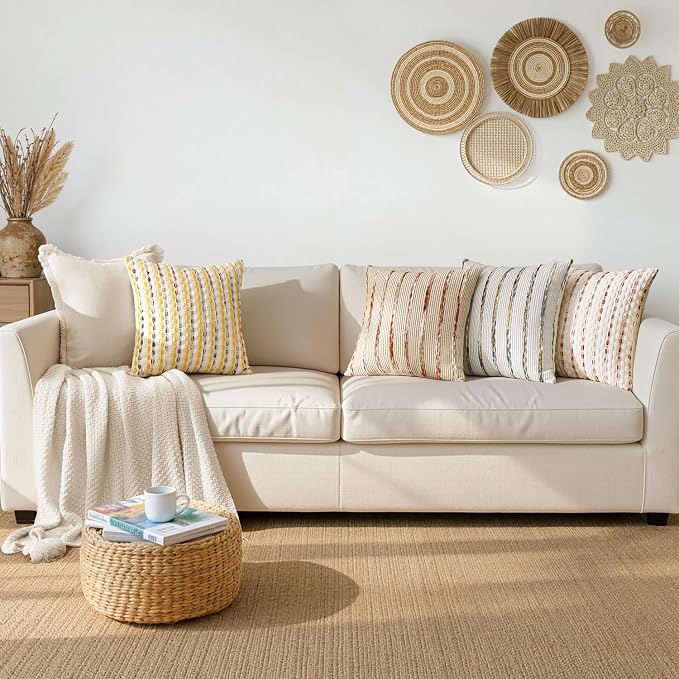 ANRODUO Boho Decorative Throw Pillow Covers Rust Stripe 18x18 Inch Set of 2 | Woven Chenille Decorative Cushion Case with Striped Farmhouse Accent Neutral Pillowcase for Couch Sofa Bed Living, Room Decor