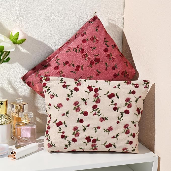 SOIDRAM 2 Pieces Rose Makeup Bag Large Corduroy Cosmetic Bag Capacity Canvas Travel Toiletry Bag Organizer Cute Makeup Brushes Aesthetic Accessories Storage Bag for Women, Rose L White Pink