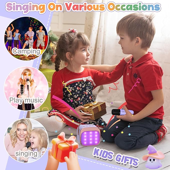 FLUESTON Mini Karaoke Machine for Kids Adults, Portable Bluetooth Speaker with 2 Wireless Microphones, Valentines Gifts for Kids, Toys for Girls Ages 3, 4, 5, 6, 7, 8, 9,10,11 + Years Old