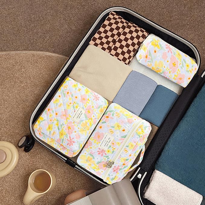 GISMTR 3Pcs Makeup Bag Cotton Quilted Travel Cosmetic Bag Cute Floral Makeup Pouch Large Toiletry Bag for Women Girls
