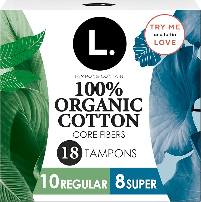 L. Tampons, Made with Organic Cotton, Regular/Super Absorbency, Multipack, Made Without Synthetic Pesticides, Rayon or Fragrances, Applicator Made Without BPA, Leak-Stopping Design, 18 Count