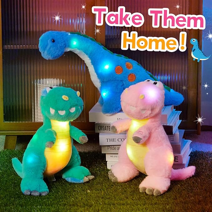 Houwsbaby 13'' Glowing LED T-Rex Dinosaur Light Up Stuffed Animal Soft Colorful Plush Toy Hugging Present for Kids Boys Girls Babies Accompany at Night Pet Decoration Holiday Birthday,Pink