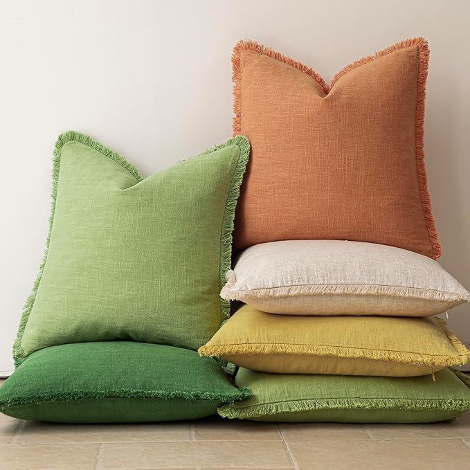 Foindtower Set of 2 Decorative Linen Fringe Lumbar Throw Pillow Covers Boho Farmhouse Cushion Cover with Tassels Soft Accent Pillowcase for Couch Sofa Living Room Home Decor,12×20 Inch,Ginger Yellow