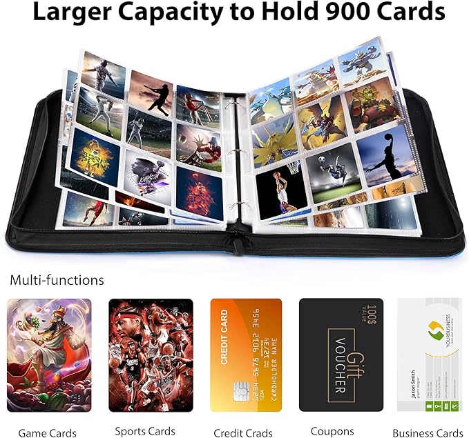 WOT I Baseball Card Binder, 900 Pocket Sleeves with Zipper, Double Sided Pockets Carry Case for Baseball, Football Cards (Blue)
