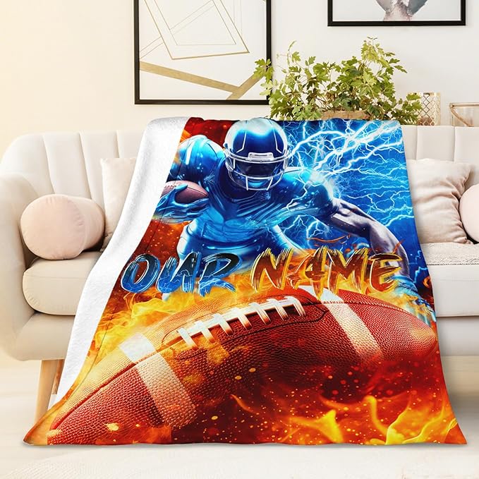 Boys Football Blanket Gift Personalized Sport Throw Blankets for Kids Teens Men, 50x60 Inches Lightweight Comfy Custom Football Throw for Sofa Couch Bed Home Decor
