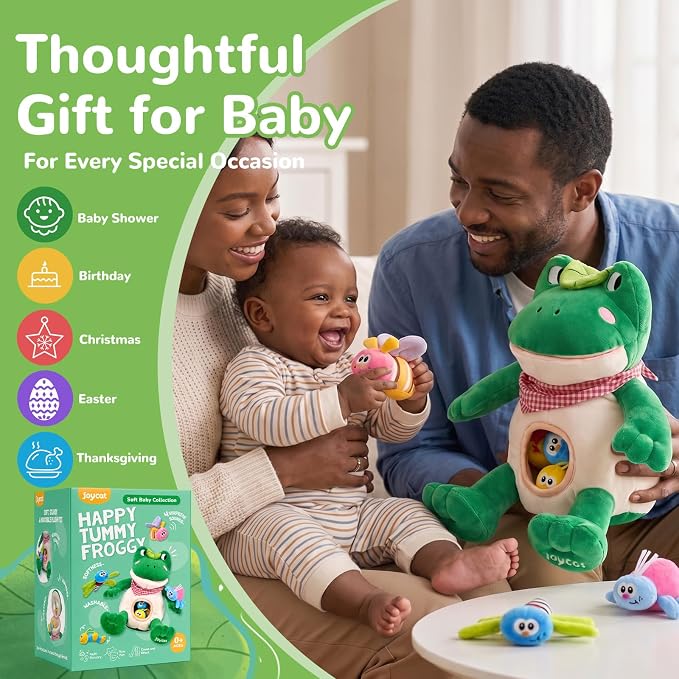 JoyCat Baby Toys 3-18 Months, Frog Montessori Toy Includes 4 Sensory Insects with Rattle, Crinkle, Squeaker & Baby Mirror for Tummy Time, Soft Stuffed Animal Toy for Infants Newborn Boy & Girl Gifts
