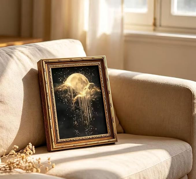 Vintage Gold Framed Golden Moon Celestial Wall Art,Moody Celestial Painting Canvas Print,Glittering Golden Rain & Sparkling Stars Wall Decor,Gothic Night Sky Stars Artwork,for Bedroom Living Room Bathroom