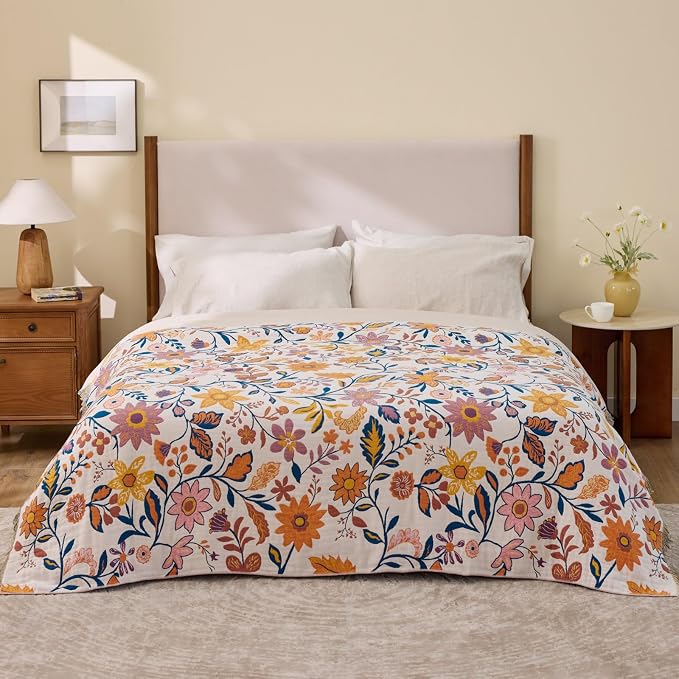 100% Cotton Boho Throw Blanket for Home Decor – Classic Farmhouse Quilt Bedding, Muslin Blankets for Adults, Vintage Woven Decorative Blanket for Couch, Bed Layering Use, Botanic Floral, 104"x90"