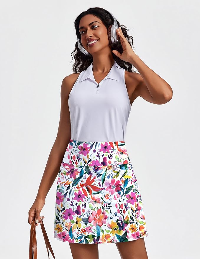 PINSPARK 19" Knee Length Skorts for Woman with Pockets UPF 50+ Golf Skirts | 4 Pockets, Built-in Shorts, High Waisted & Tummy Control, Moisture-wicking for Golf Athletic Tennis Workout Casual