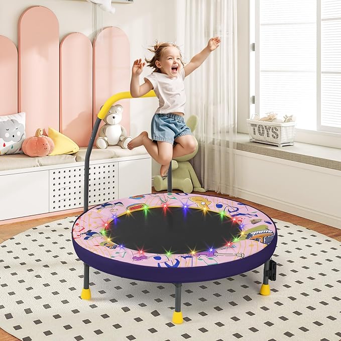 GYMAX 36โ Toddler Trampoline with Lights, Folding Springless ASTM Approved Small Kids Rebounder with Foam Handle, Safety Padded Cover & Foldable Legs, Mini Indoor Baby Trampolines
