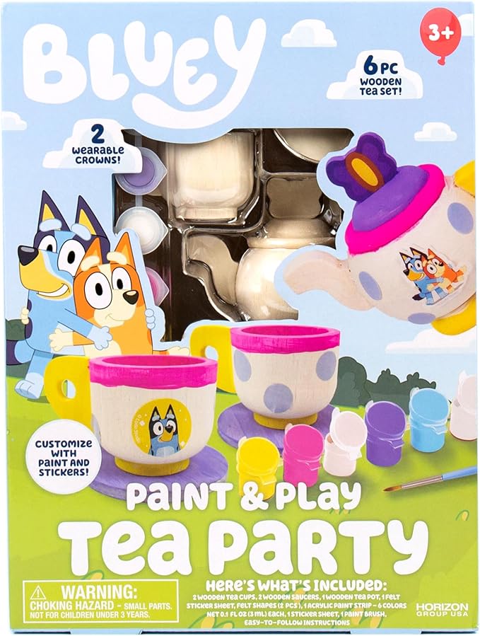 Bluey Paint & Play Tea Party, 6-Piece Wooden Tea Set, Customize with Paint & Stickers, 2 Wearable Crowns, Fun Toys for Kids, Cute Birthday Party Decorations, Pretend Play Tea Party, Toys