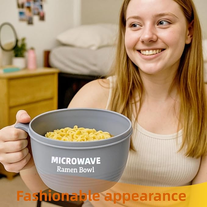 Layron Ramen Cooker Bowl - 45 oz Microwaveable Noodle Bowl Ramen in few Minutes- BPA Free and Dishwasher Safe Set with Chopsticks Perfect for Dorm, Small Kitchen, or Officee (grey)