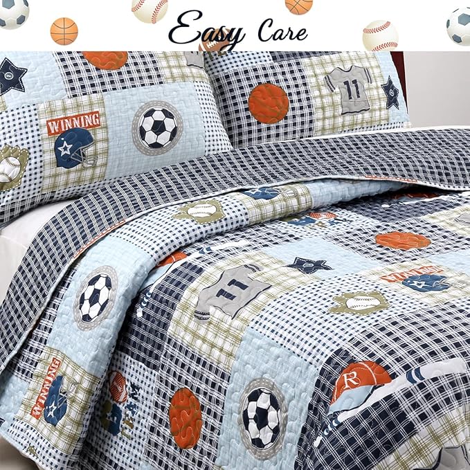 Cozy Line Home Fashions Blue Sports Baseball Basketball Soccer Ball Football Quilt Set Bedspread Coverlet for Boys Kids (Sport, Queen - 3 Piece)