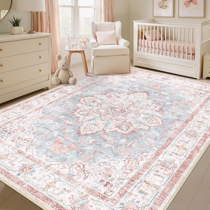 CAPALOCA 7x9 Washable Nursery Girls Low Pile Area Rug Pink Blue | Non-Slip Soft Rugs for Bedroom Kids Playroom Living Room, Print Pattern Water Repellent Carpet Indoor Decor