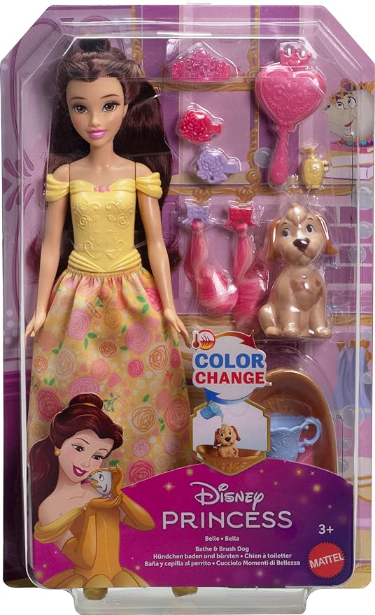 Mattel Disney Princess Belle Fashion Doll & Dog Figure with Color Change Spots, Bathtub, Brush & Hair Accessories, Inspired by Beauty & The Beast