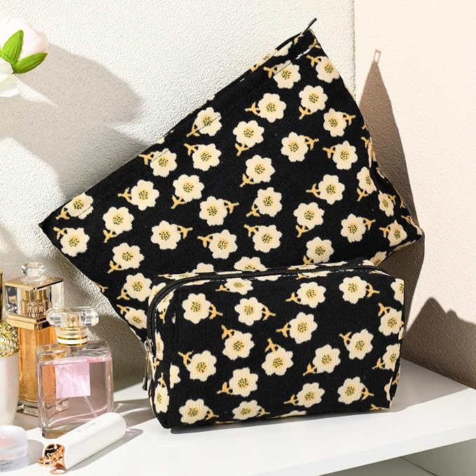 SOIDRAM 2 Pieces Flower Makeup Bag Large Cosmetic Bag Capacity Canvas Mix Travel Toiletry Bag Organizer Cute Makeup Brushes Aesthetic Accessories Storage Bag for Women, Flower Mix Black