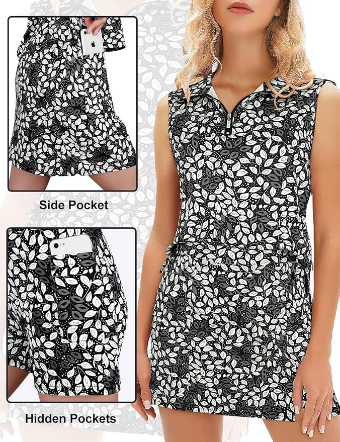 Koscacy Women's Tennis Skort Set Zip Up Tank Top 2 Piece Summer Outfit