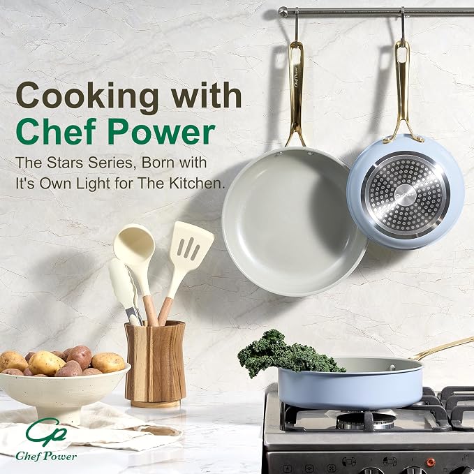 Chef Power Ceramic Frying Pan with Stainless Steel handle 5Pcs Set, Non Stick Grill Pan Set, Dishwasher and Oven Safe, Light Blue and Granite Grey