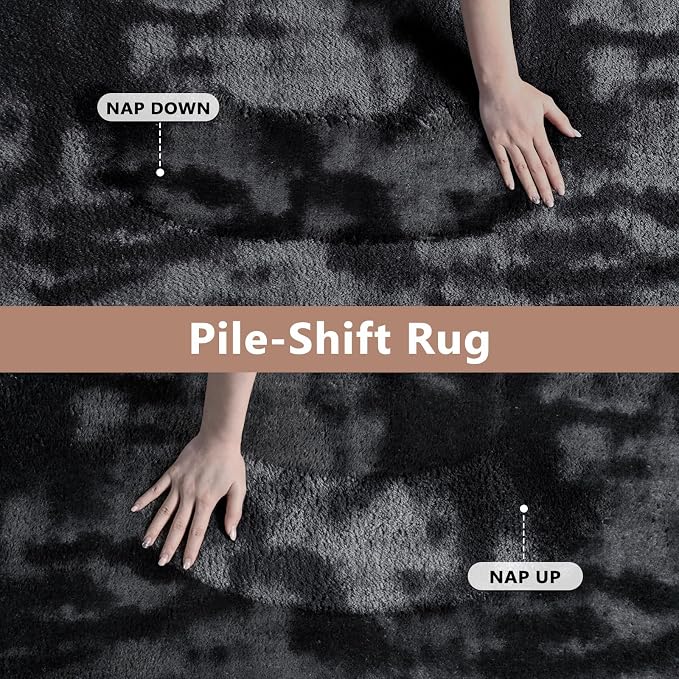 FinRèc 4x6 Washable Area Rugs for Bedroom Living Room, Low Pile Thin Ultra Soft Shag Rug, Non-Slip Carpet Indoor for Home Decor (Tie-dye Dark Grey)