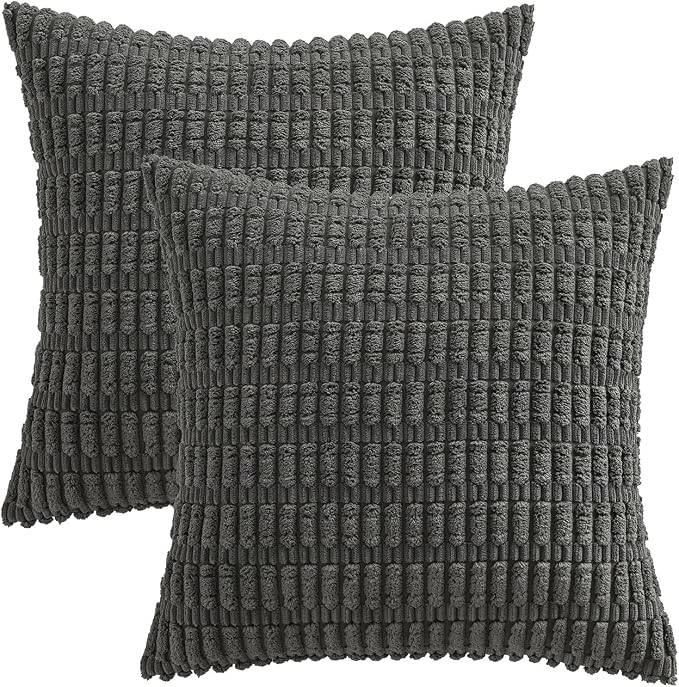 Volcanics Pack of 2 Corduroy Decorative Dark Grey Pillow Covers 18x18 | Soft Striped Square Cushion Cases, Modern Farmhouse Boho Home Decor
