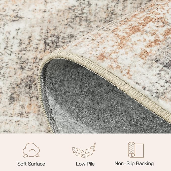 8ft Area Rug for Living Room, Abstract Washable Non-Slip Large Rugs, Gold | Soft Neutral Carpet for Bedroom, Dining Room, Home Office Nursery Indoor, Stain Resistant, Low Pile, Foldable Modern Rug
