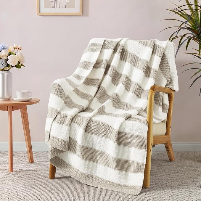 Soft Throw Blanket for Couch-Cozy Reversible Knitted Blankets | Lightweight Warm Fluffy Decor for Women, Mom, Her & Girls, Sofa, Chair, Bed, 50x60in, Feather Yarn Khaki