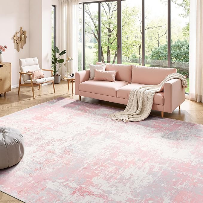 Rugflix 5x7 Area Rugs for Bedroom, Washable Pink Large Rug | Machine Washable; Stain-Resistant; Low Pile; Non-Slip; Modern Abstract; Carpet for Nursery Girls Living Room Office Home