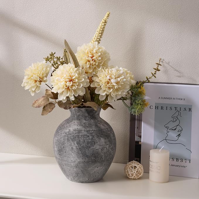 Ceramic Flower Vase Home Decor, 7.4 in Farmhouse Table Vases Retro Vintage Living Room Kitchen Bedroom Decoration Pottery Decorative Vases for Flowers House Shelf Office Desk Dining Entryway, Grey