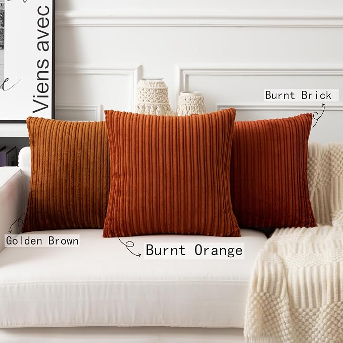 UGASA Fall Velvet 24x24 Inch Soft Throw Pillow Covers Decorative Corduroy Striped Both Sides Solid Square Cushion Cases Boho Farmhouse for Couch Bedroom Sofa Home, Pack of 2, Burnt Orange