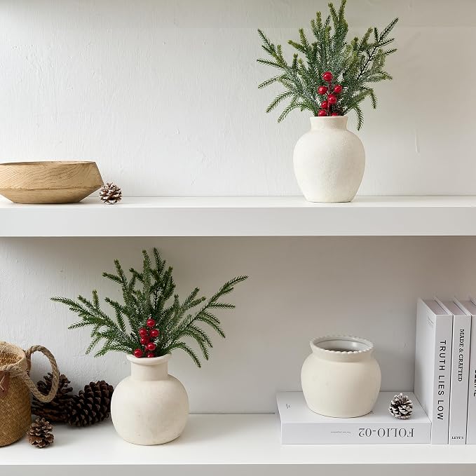 SIDUCAL Ceramic Decorative Flower Vase | 6 Inch Pottery Rustic Farmhouse Boho Vase for Home Decor, Table, Living Room, Bathroom, Shelf, Mantel Decoration, Wedding, White