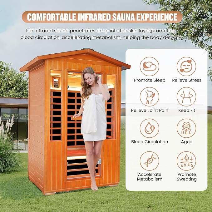 Outdoor Sauna 2 Person Far Infrared Sauna with LED Beauty Lamp Dry Spa Room Low-EMF 2080W 110V Bluetooth Speakers 48.8"x38.2"x81.9"