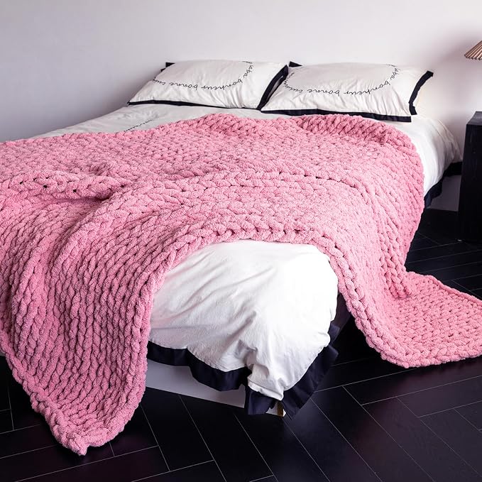 Chunky Knit Blanket - Luxury Soft Cozy 60 * 80 Throw Blanket,100% Woven Blanket Rope Knot Throw Blanket for Couch, Sofa, Home Decor, Gift - Machine Washable (Pink, 60 * 80)