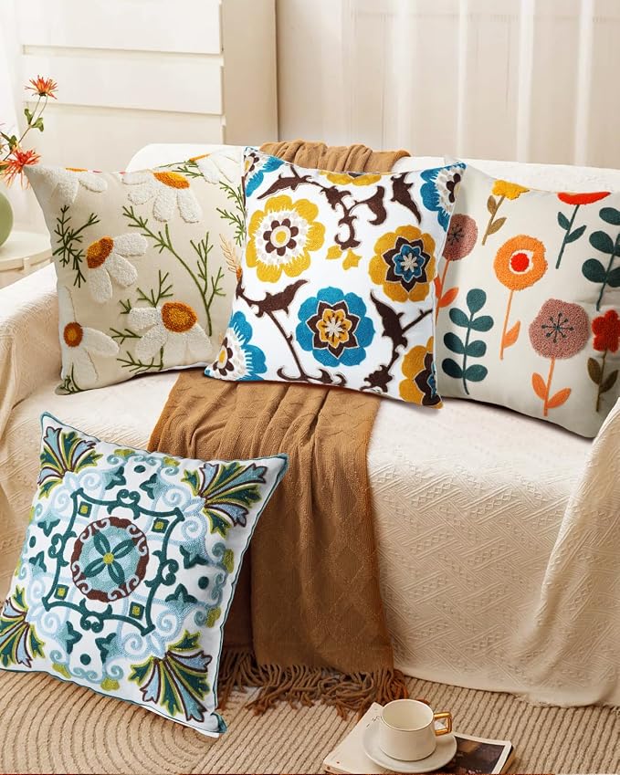 Embroidered Throw Pillow Cover - 18x18 Decorative Pillow Cover with Zipper Aesthetic Cute Design Boho Spring Summer Cozy Throw Pillowcase for Living Room Couch Sofa Bed, Plants