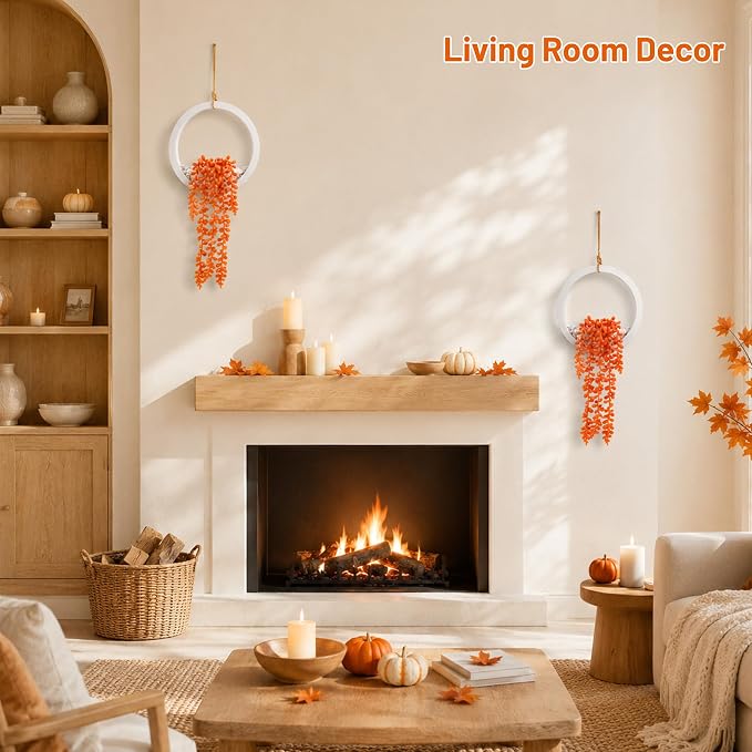 Der Rose 2 Pack Autumn Artificial Hanging Plants for Fall Wall Decor | Cascading string of pearls, warm autumn color, space-saving hanging design for bathroom kitchen shelf boho fall decor
