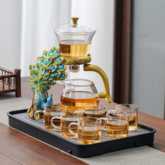 Zurucily Glass Teapot Set with Infuser Semi Automatic Tea Set Magic Teapot (Peacock)