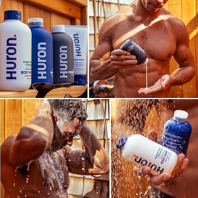 Huron Men’s Shower Kit – Shampoo, Conditioner & Body Wash with Sandalwood + Amber Scent, Hydrating, Phthalate-Free, non-toxic Ingredients for Hair & Skin Care, 12 fl oz (Pack of 3)