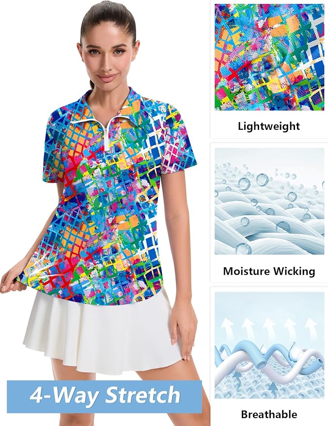 LOMON Womens Golf Polo Shirt Summer Short Sleeve Quarter Zip Outfit | Side-Pockets,Princess Seams,Cotton,Wrinkle Free,Moisture Wicking,Quick-Dry,Lightweight,Collared,for Tennis Workout