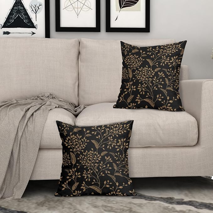Boho Pillow Covers 20X20 Inch Set of 2 Black Gold Floral Leaves Decorative Pillow Cases Vintage Flower Leaf Cotton Linen Cushion Case Farmhouse Home Decor for Sofa Couch Porch Outdoor