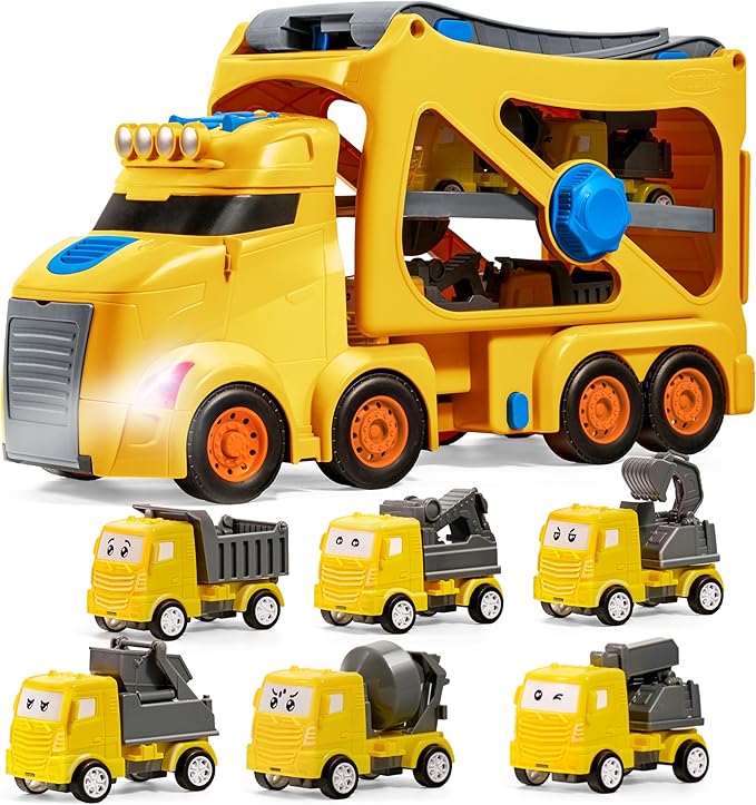 Vroomix Extra Large Toy Trucks for Toddlers, 3-Layer Construction Trucks for Boys, 7-in-1 Big Carrier Truck with Siren & Lights and 6 Toy Cars, Christmas Birthday Gifts for Boys Kids