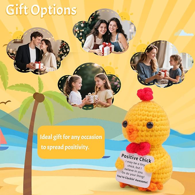 Mini Funny Positive Chick, Knitted Wool Chick Toy with Positive Card - Creative Cute Crochet Doll Emotional Support Cheer Up Keepsake Gift for Friends, Student, Christmas