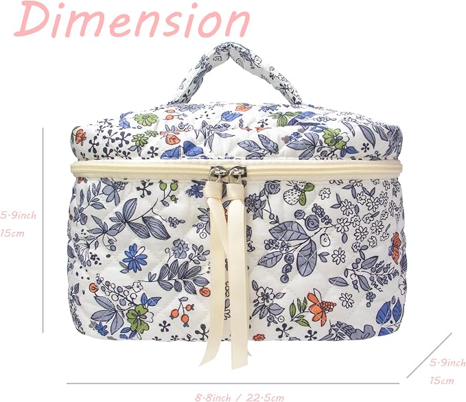 PAZIMIIK Quilted Makeup Bag Large Travel Zipper Soft Cosmetic Case for Women Girls Make Up,Leaf White