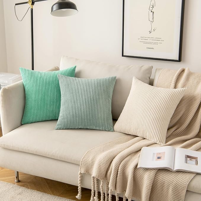 MIULEE Soft Corduroy Throw Pillow Covers Set of 2 20x20 Greyish Green | Decorative Striped Textured Cushion Cases, Boho Natural Greenery Pillowcases, Home Decor for Couch Chair Sofa Living Room